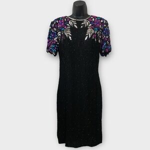 Silky Nites Vintage 100% Silk Multicolor Sequin Beaded Cocktail Dress Size Small